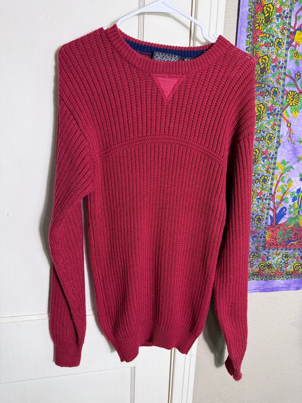 Vintage 90s Sweater Graphix Red Ribbed Crewneck Sweater Mens Small Preppy